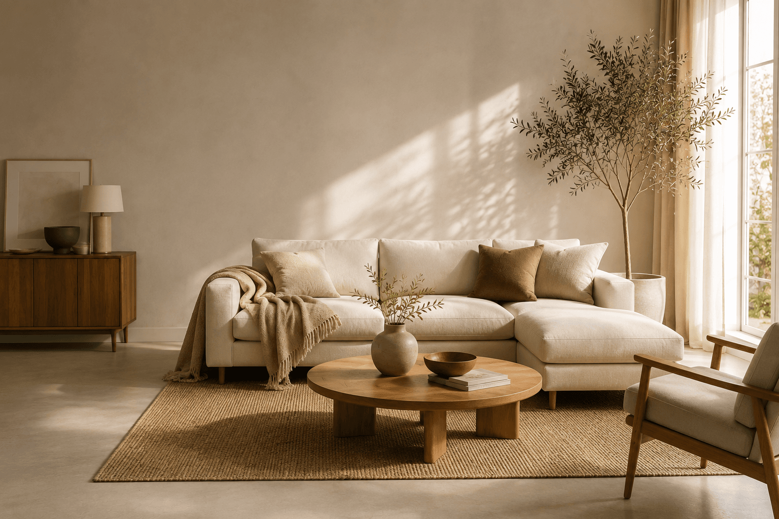 Elegant Scandinavian living room with cream furniture